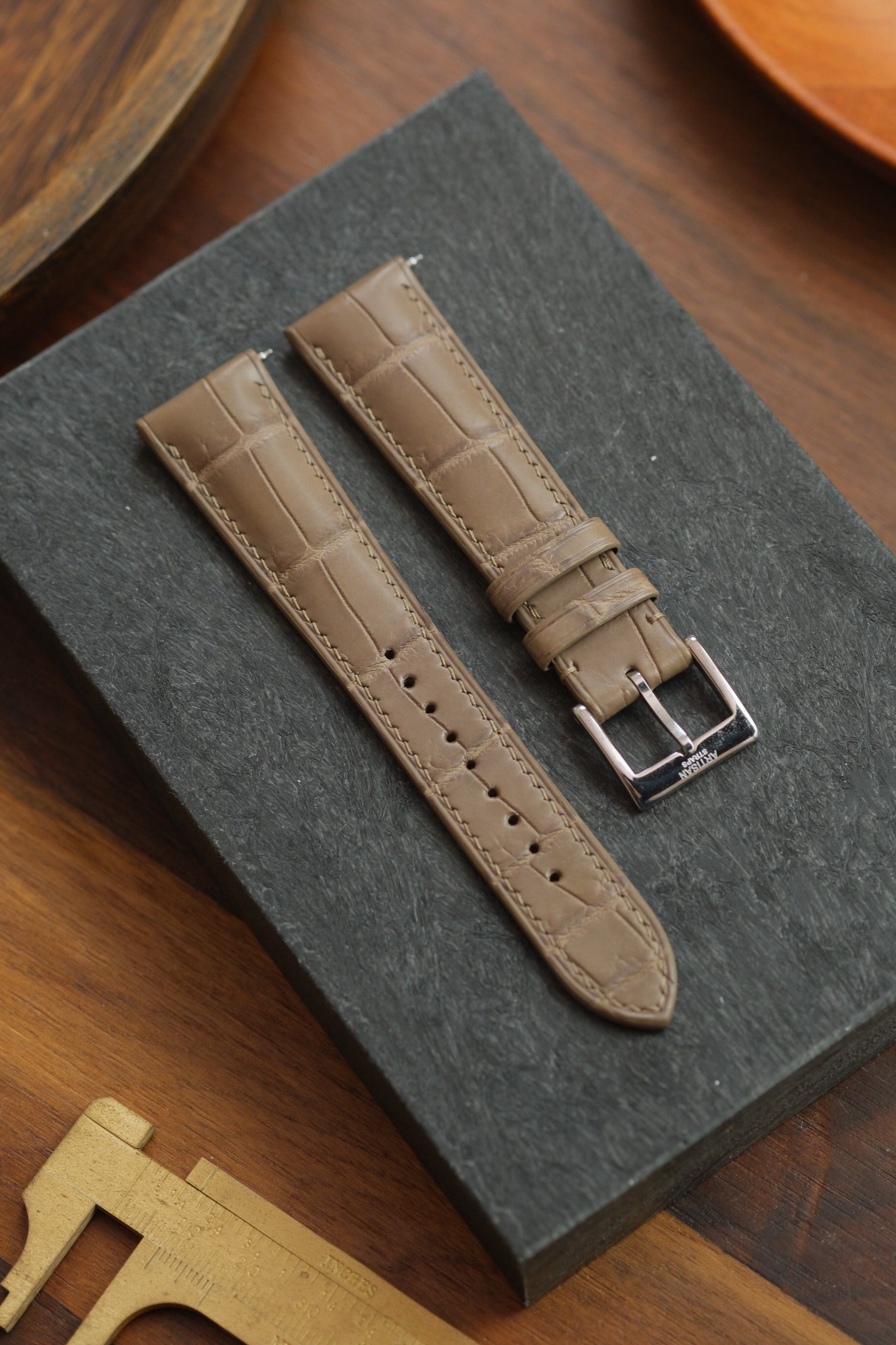 Taupe Crocodile (Padded) Leather Strap (Made-to-Order) - Artisan Straps