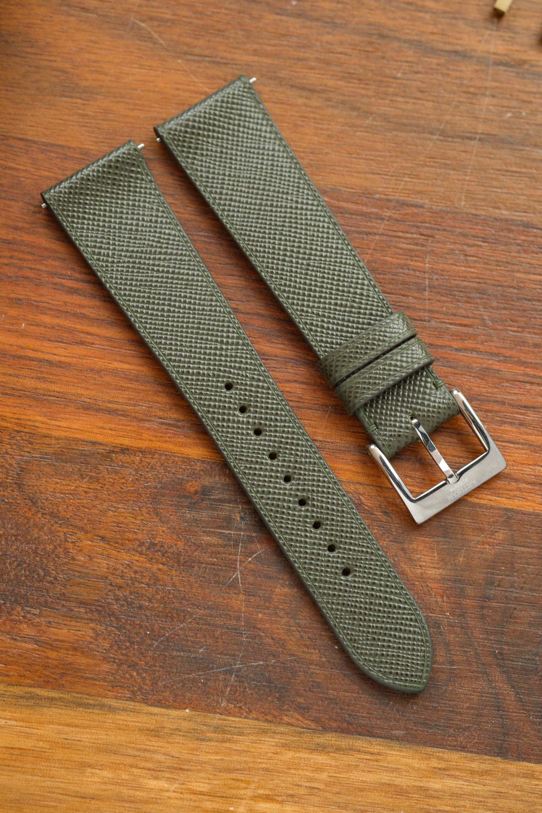 Olive Green Saffiano Stitchless Leather Strap