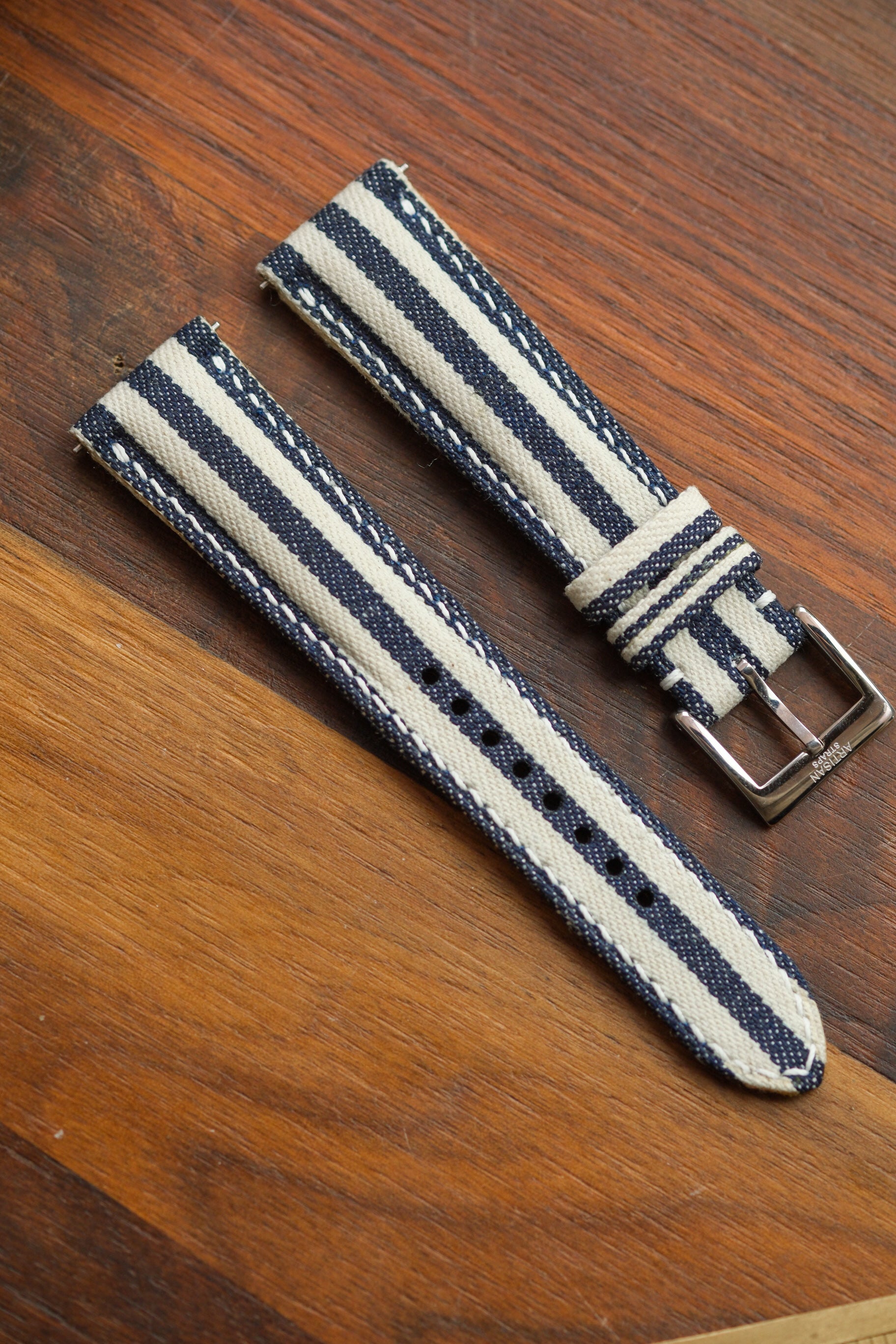 Navy/White Vertical Striped Japanese Denim Strap