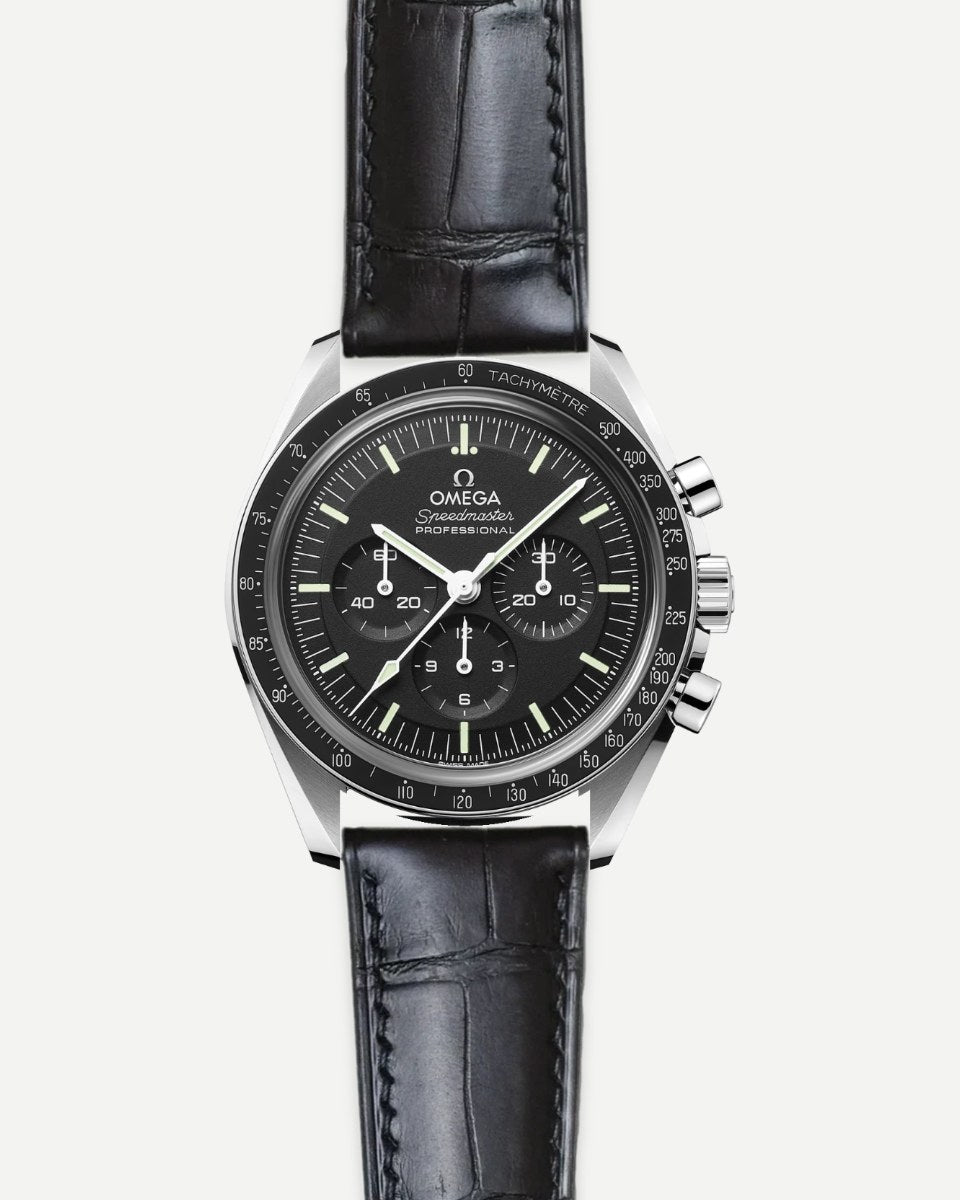 Omega Speedmaster on a Black Alligator strap in Strap Studio