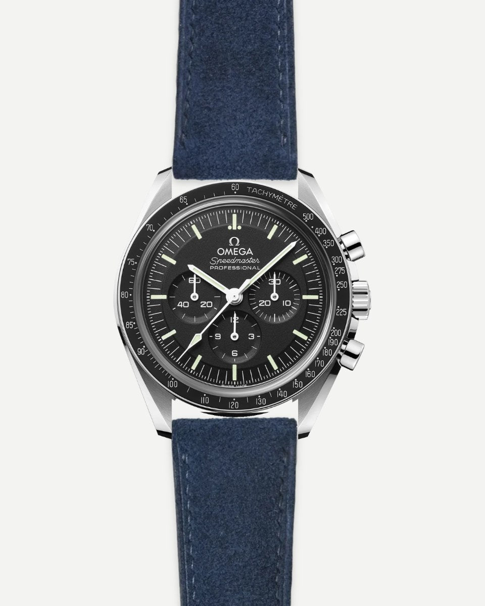 Omega Speedmaster on a Navy Suede strap in Strap Studio