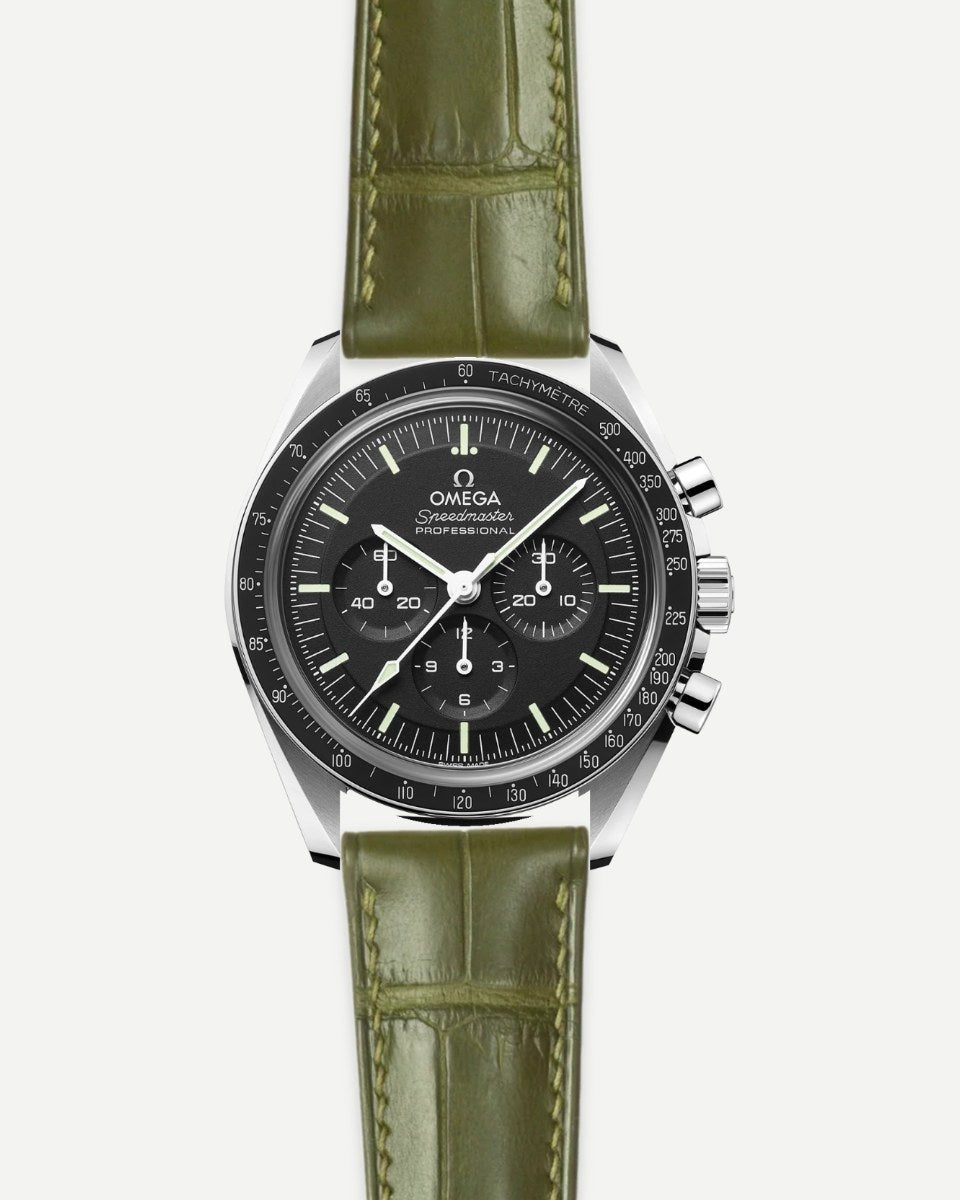 Omega Speedmaster on an Olive Green Alligator strap in Strap Studio