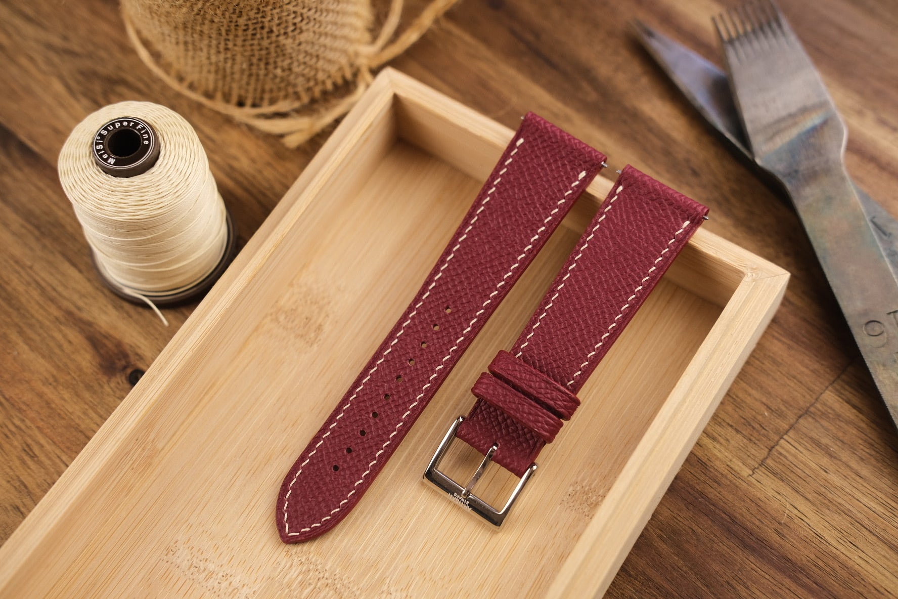 Epsom French Calf Leather Strap in Dark Red - Artisan Straps
