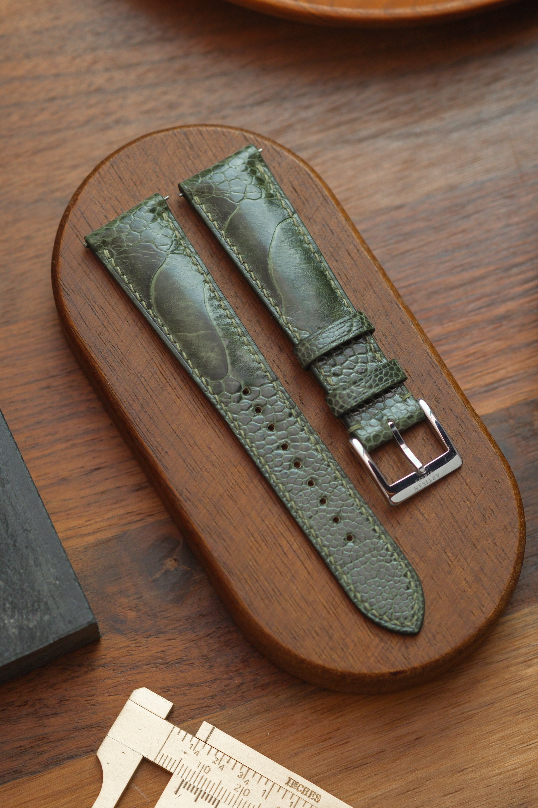 Olive Green Ostrich Leg Leather Strap - Artisan Straps