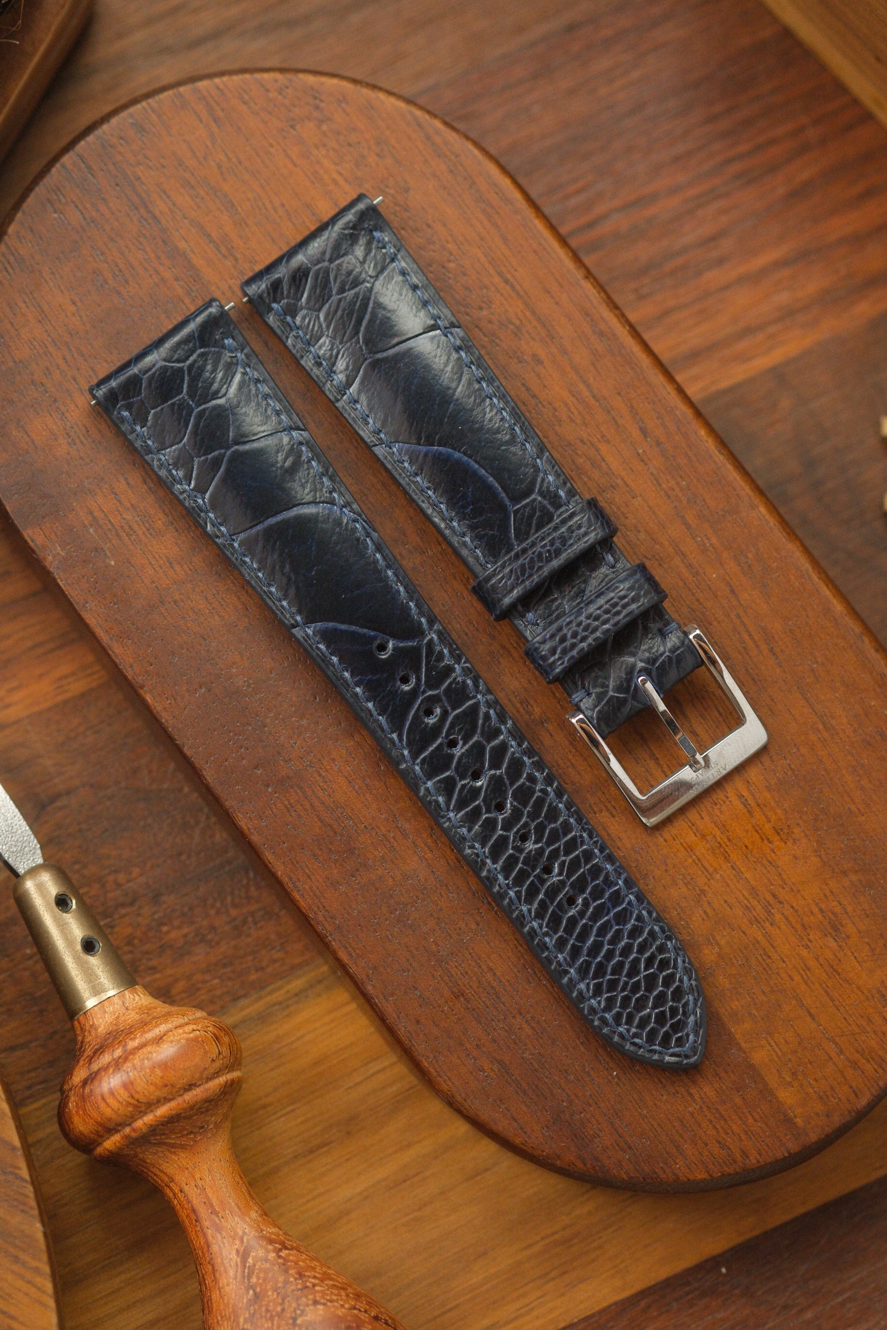 Navy Glazed Ostrich Leg (Padded) Leather Strap