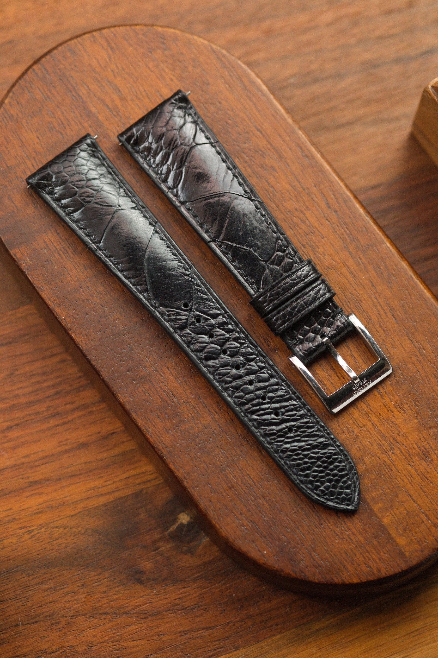 Black Glazed Ostrich Leg (Padded) Leather Strap (Made-to-Order)