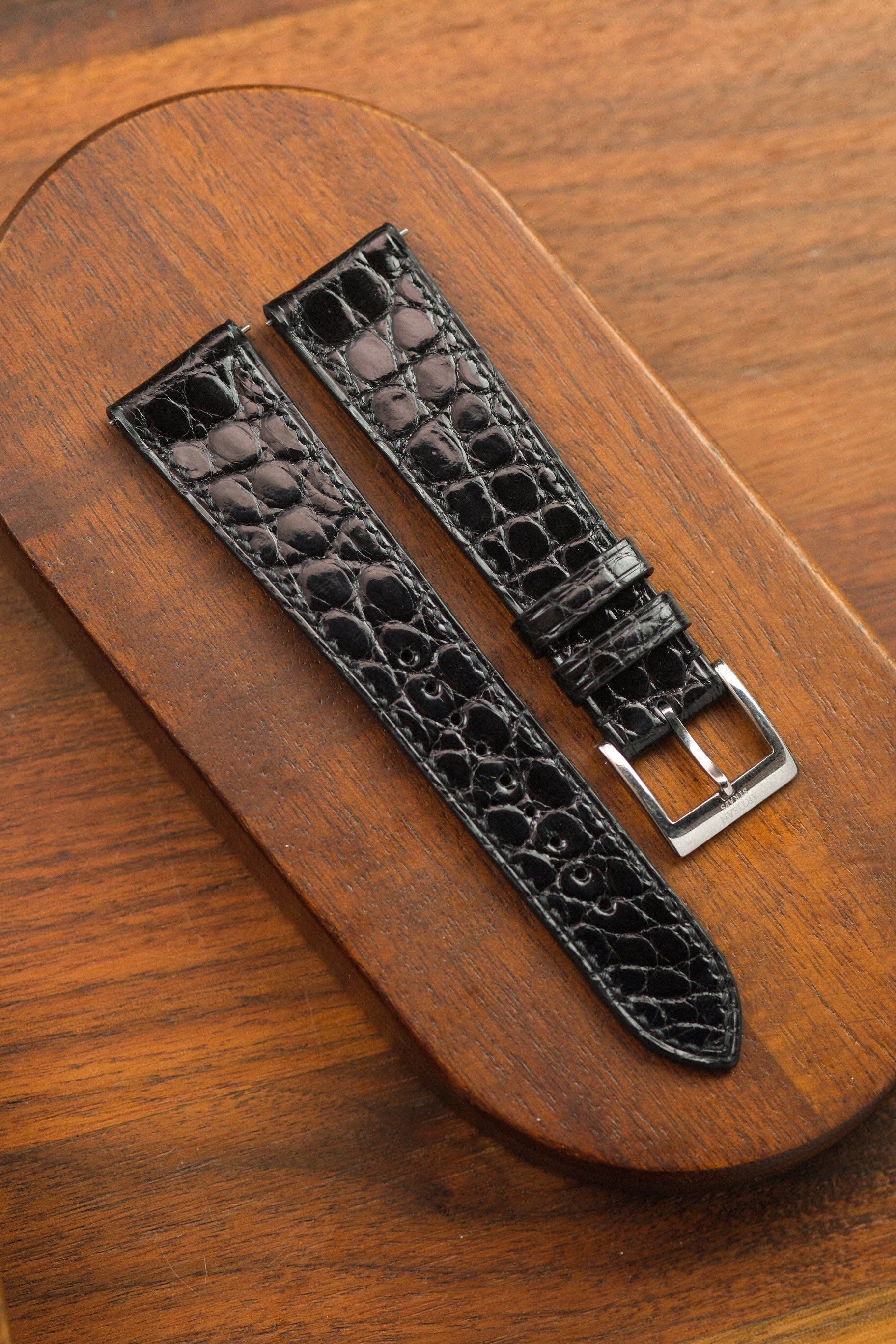 Black Glazed Alligator Flank Leather Strap