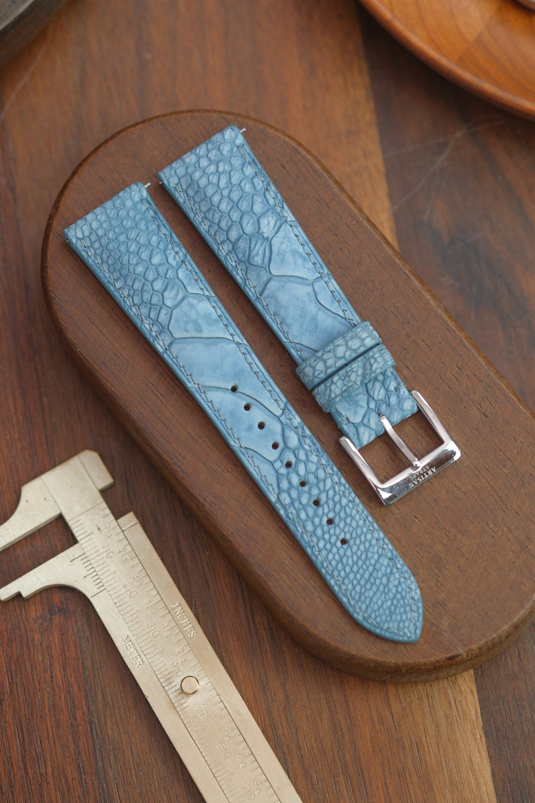 Light Blue Nubuck Ostrich Leg (Padded) Leather Strap
