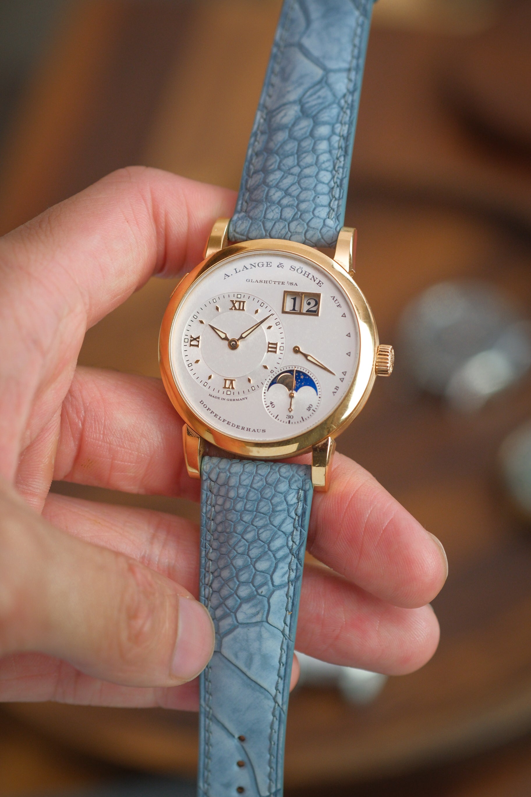 Light Blue Nubuck Ostrich Leg (Padded) Leather Strap