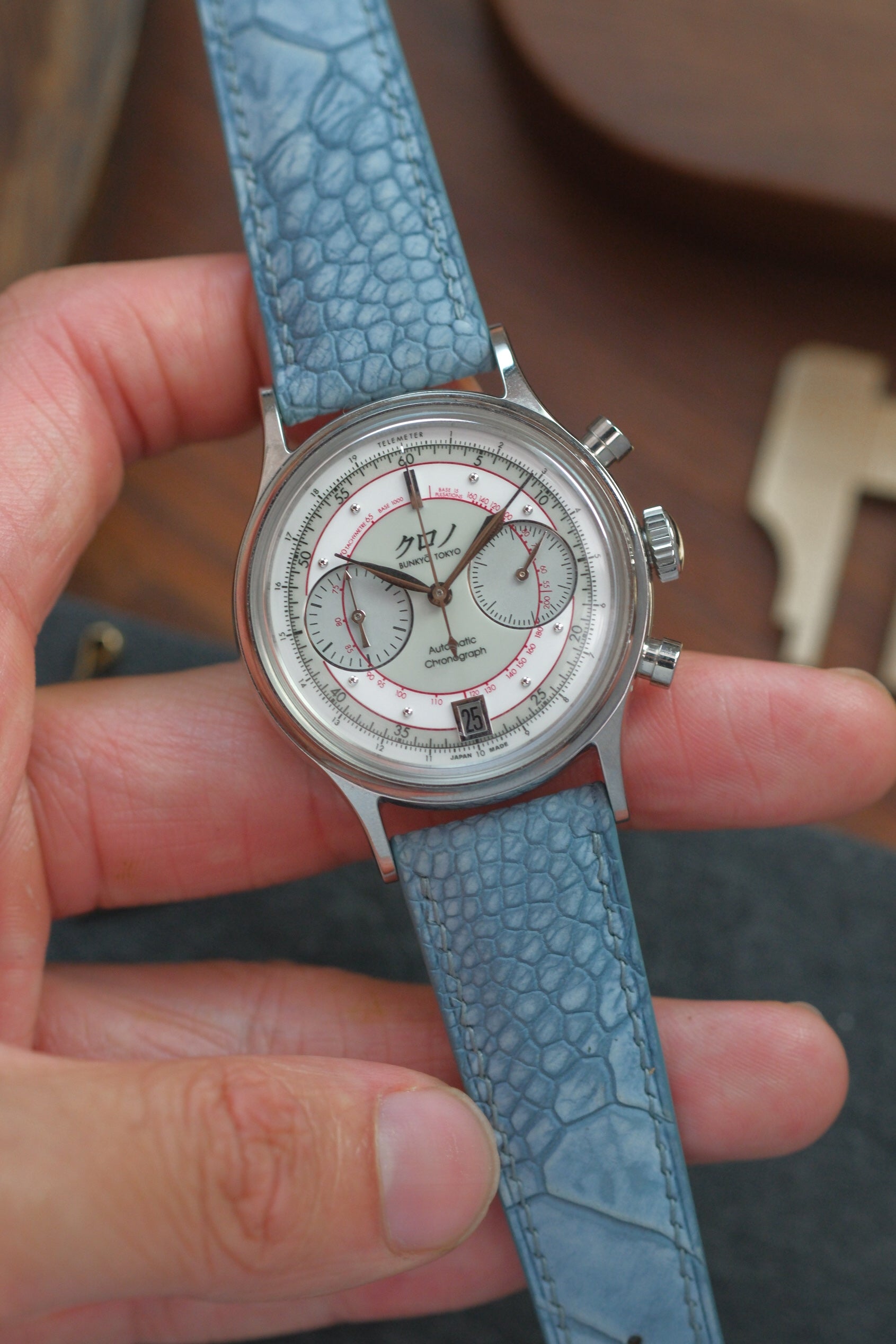 Light Blue Nubuck Ostrich Leg (Padded) Leather Strap