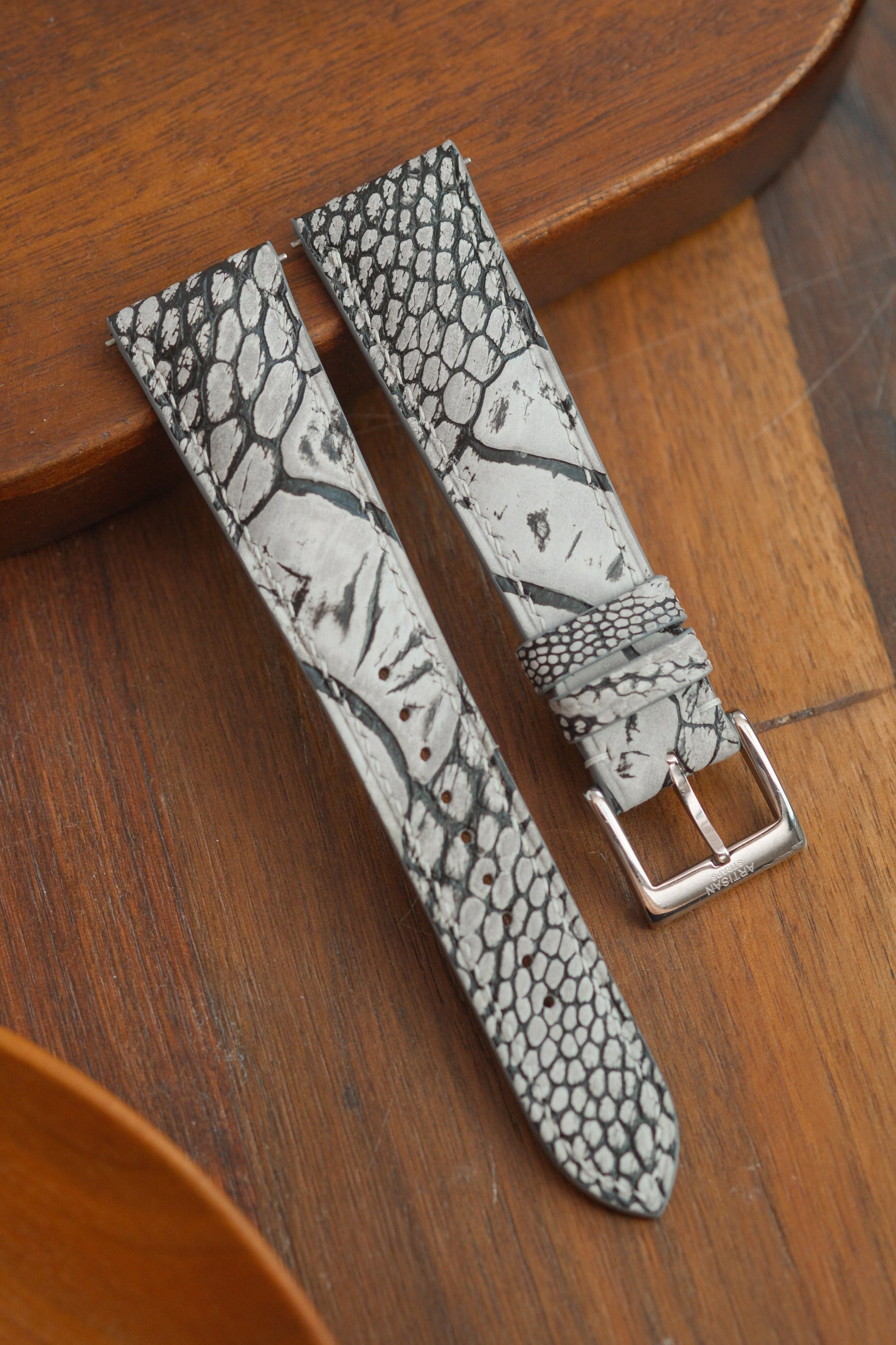 [NEW] Grey & Black Nubuck Ostrich Leg (Padded) Leather Strap