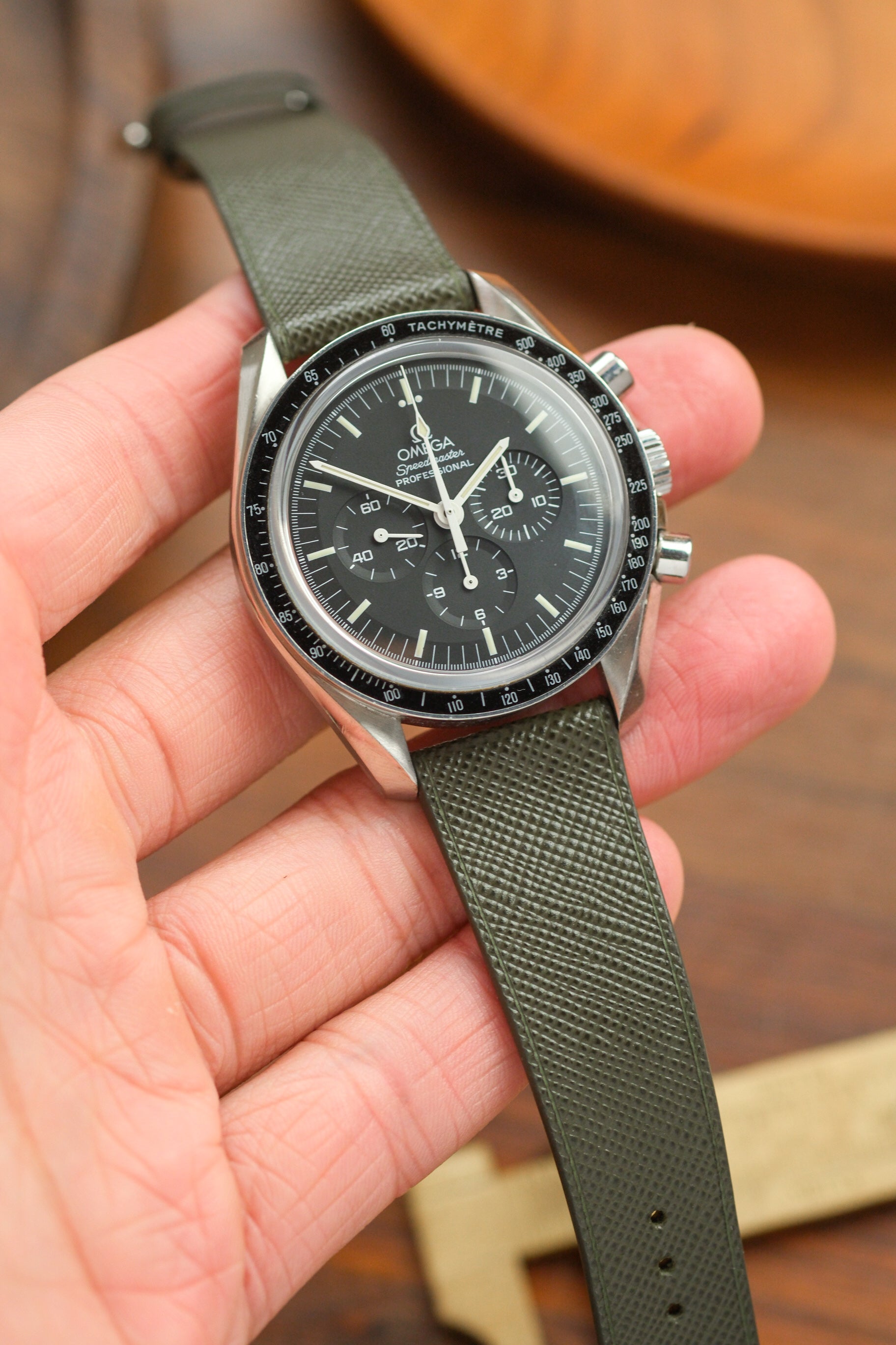 Olive Green Saffiano Stitchless Leather Strap