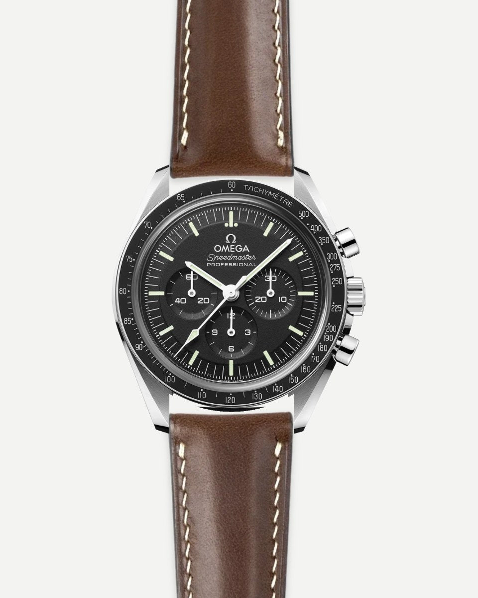 Omega Speedmaster on a Dark Brown Chromexcel strap in Strap Studio